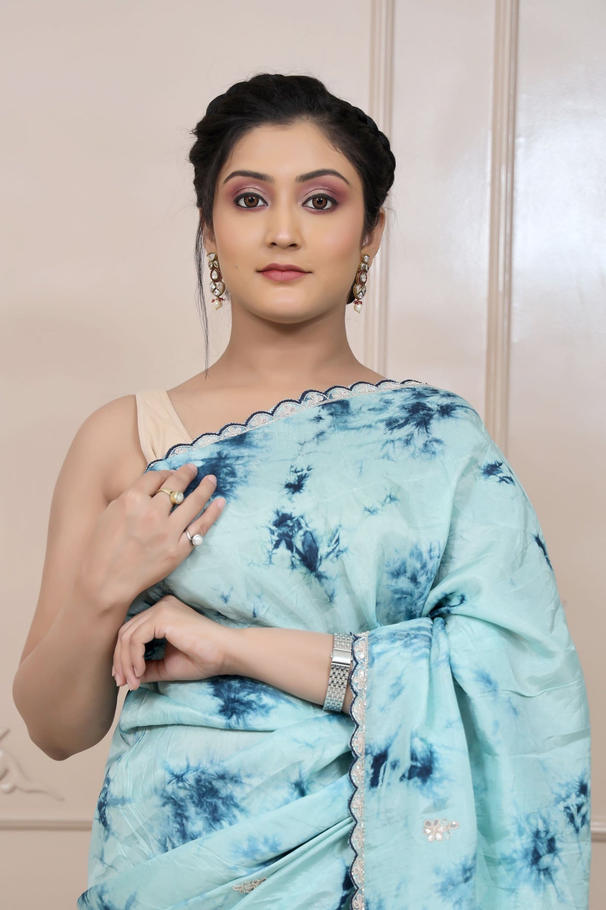 Adorable Blue Colour Tie Dye Embroidered Saree