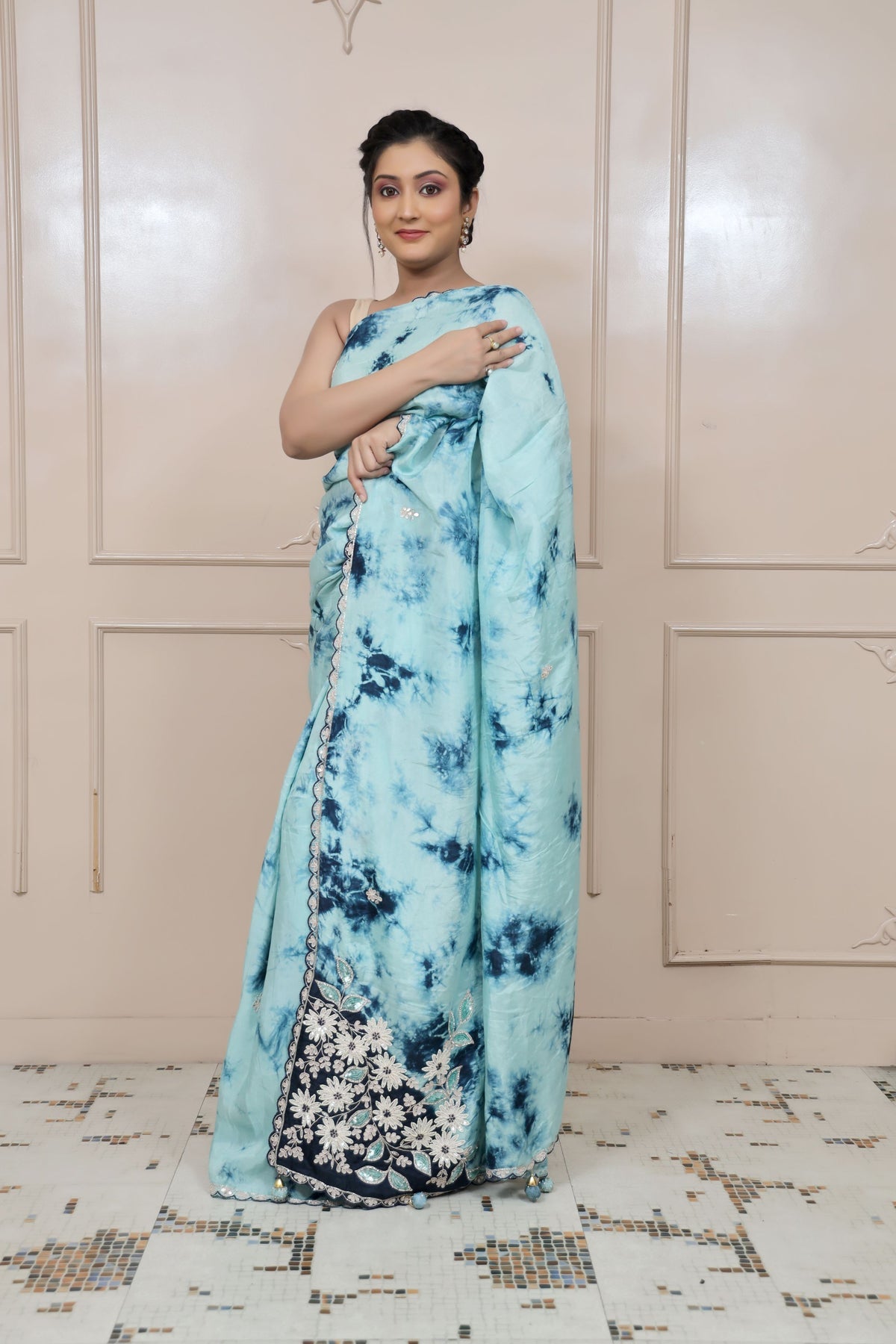 Adorable Blue Colour Tie Dye Embroidered Saree