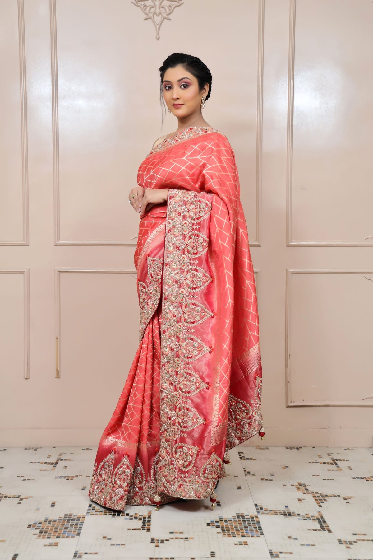 adorable peach color floral motif embroidered saree