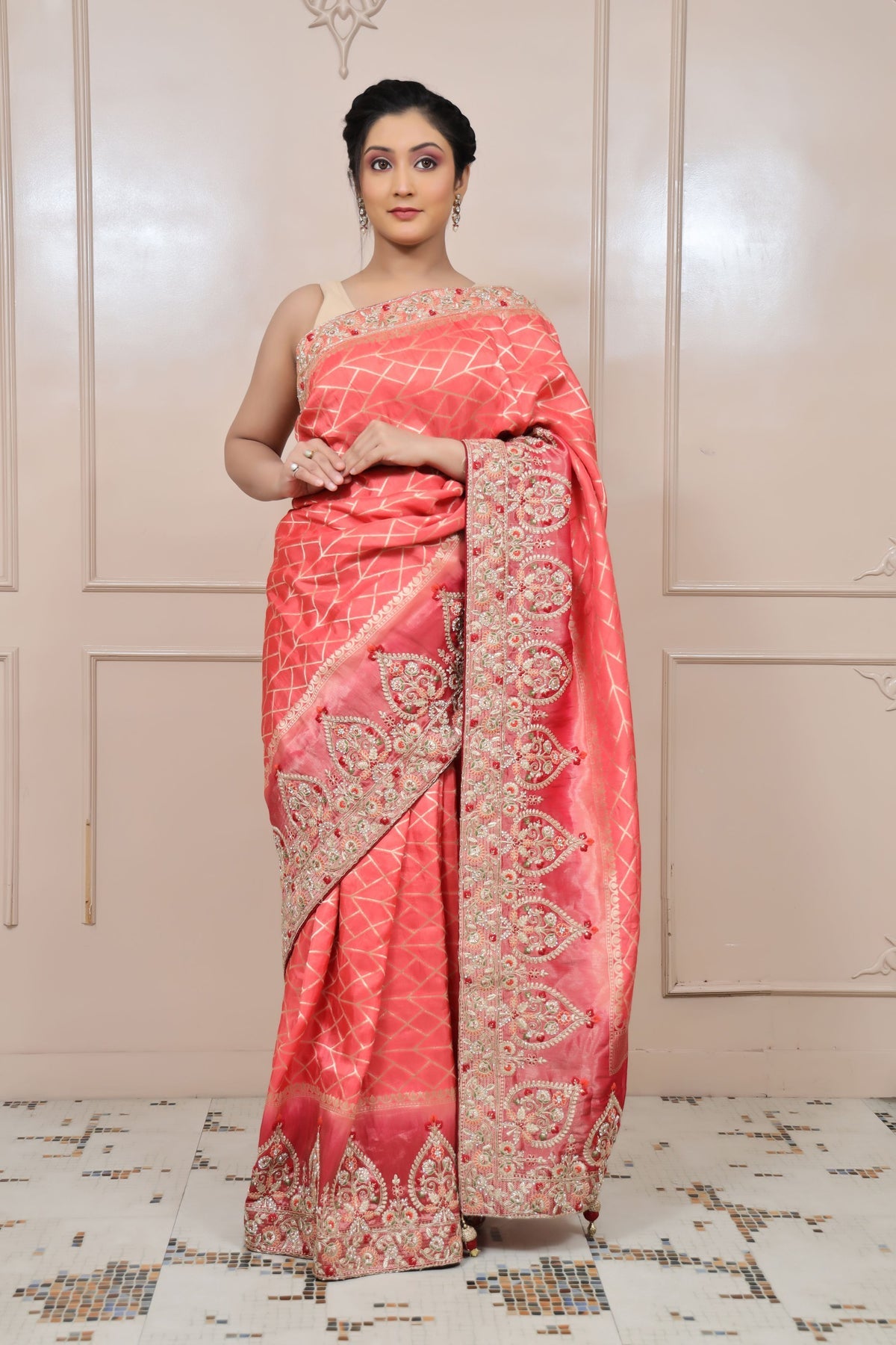 adorable peach color floral motif embroidered saree