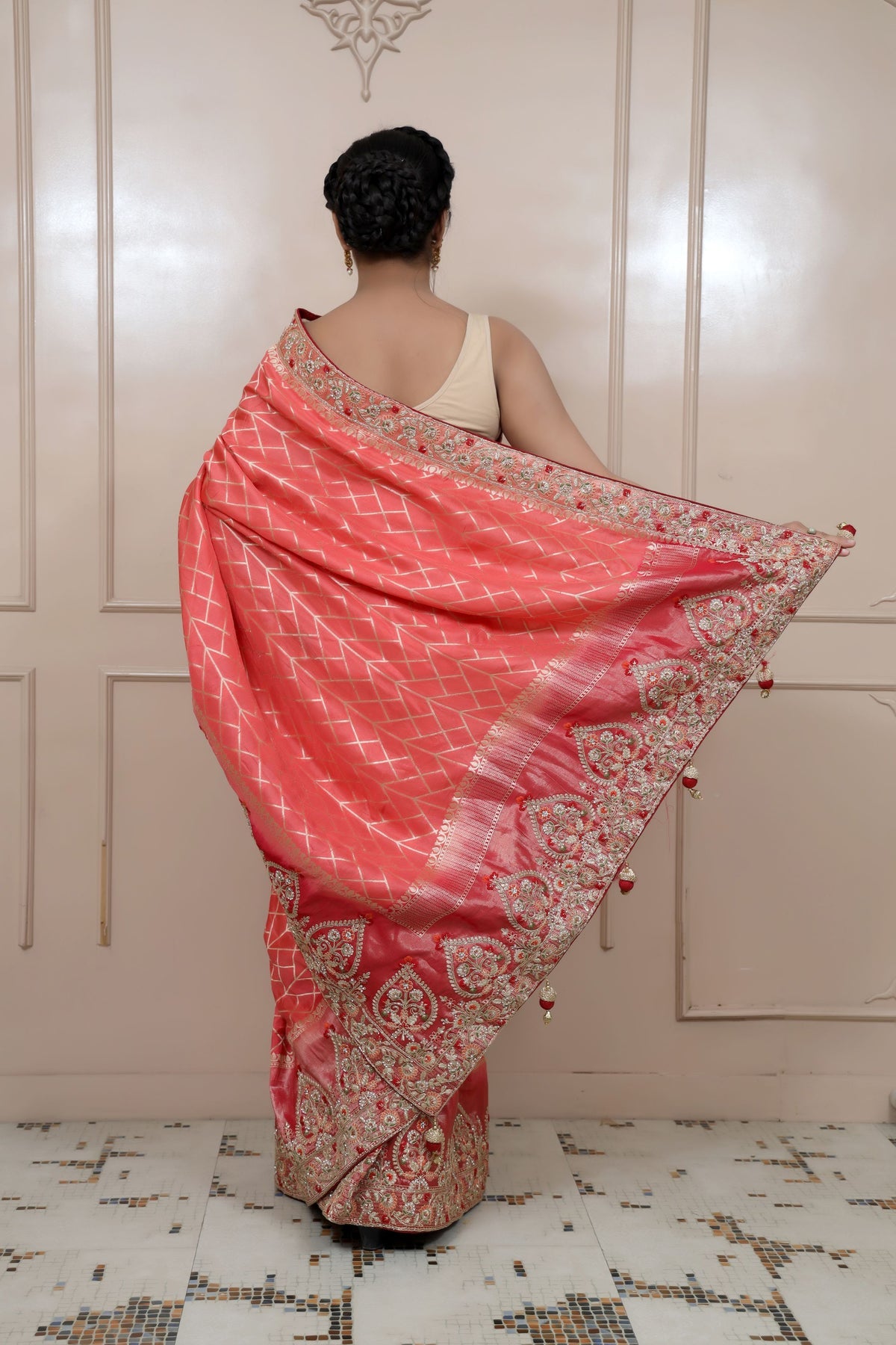 adorable peach color floral motif embroidered saree