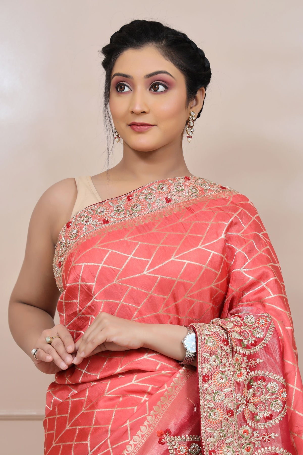 adorable peach color floral motif embroidered saree