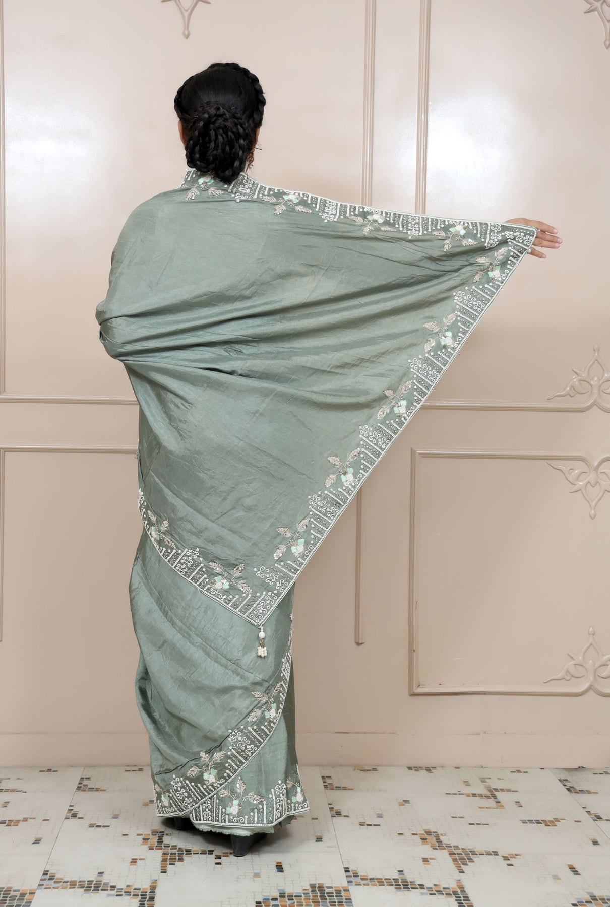 elegant grey color floral motif embroidered saree
