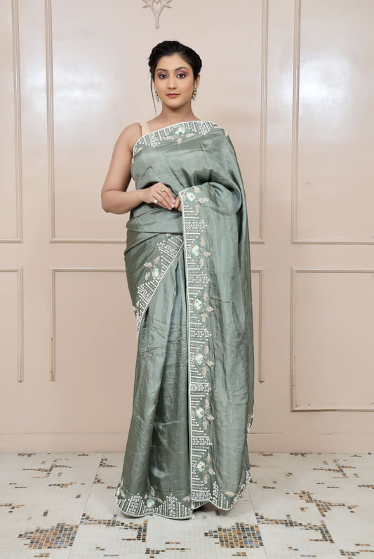 elegant grey color floral motif embroidered saree