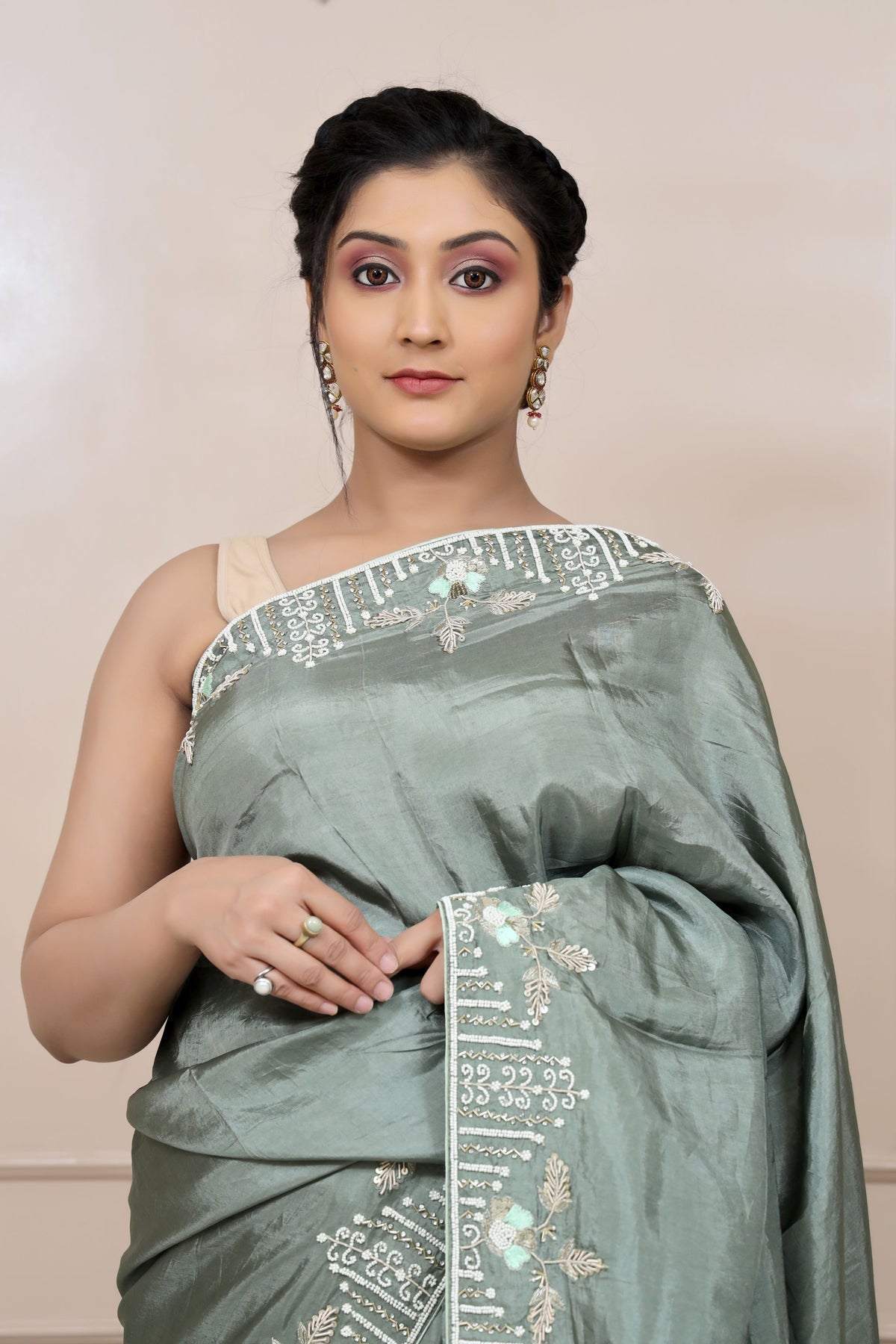 elegant grey color floral motif embroidered saree