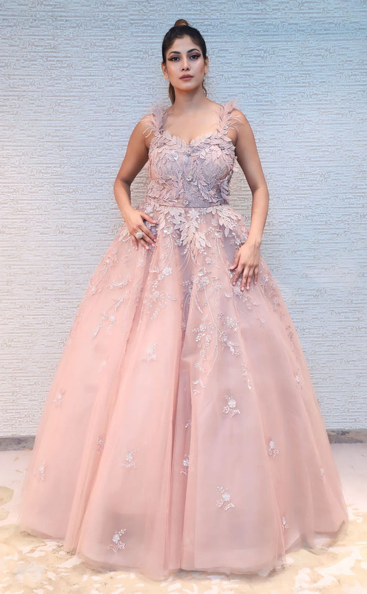 classic peach color floral motif embroidered gown