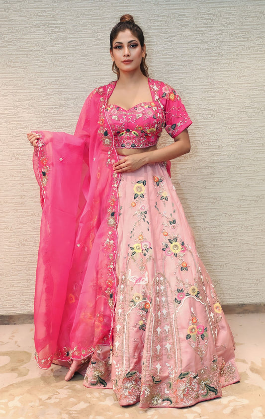 classy dark pink color floral motif lehenga set
