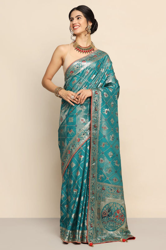 Exquisite Mosaic Blue Saree with Geometric & Elephant Motif, Sequins, and Zari Embroidery