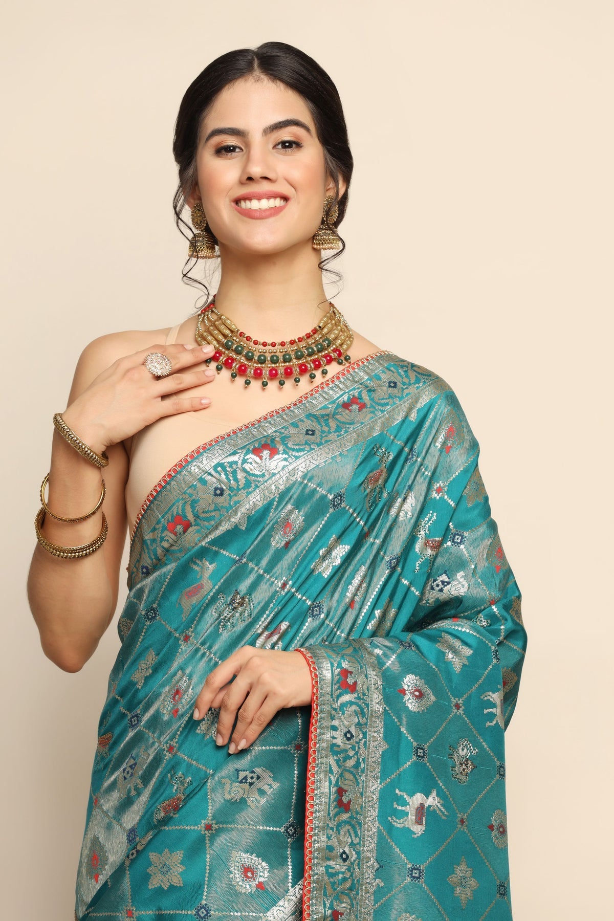 Exquisite Mosaic Blue Saree with Geometric & Elephant Motif, Sequins, and Zari Embroidery
