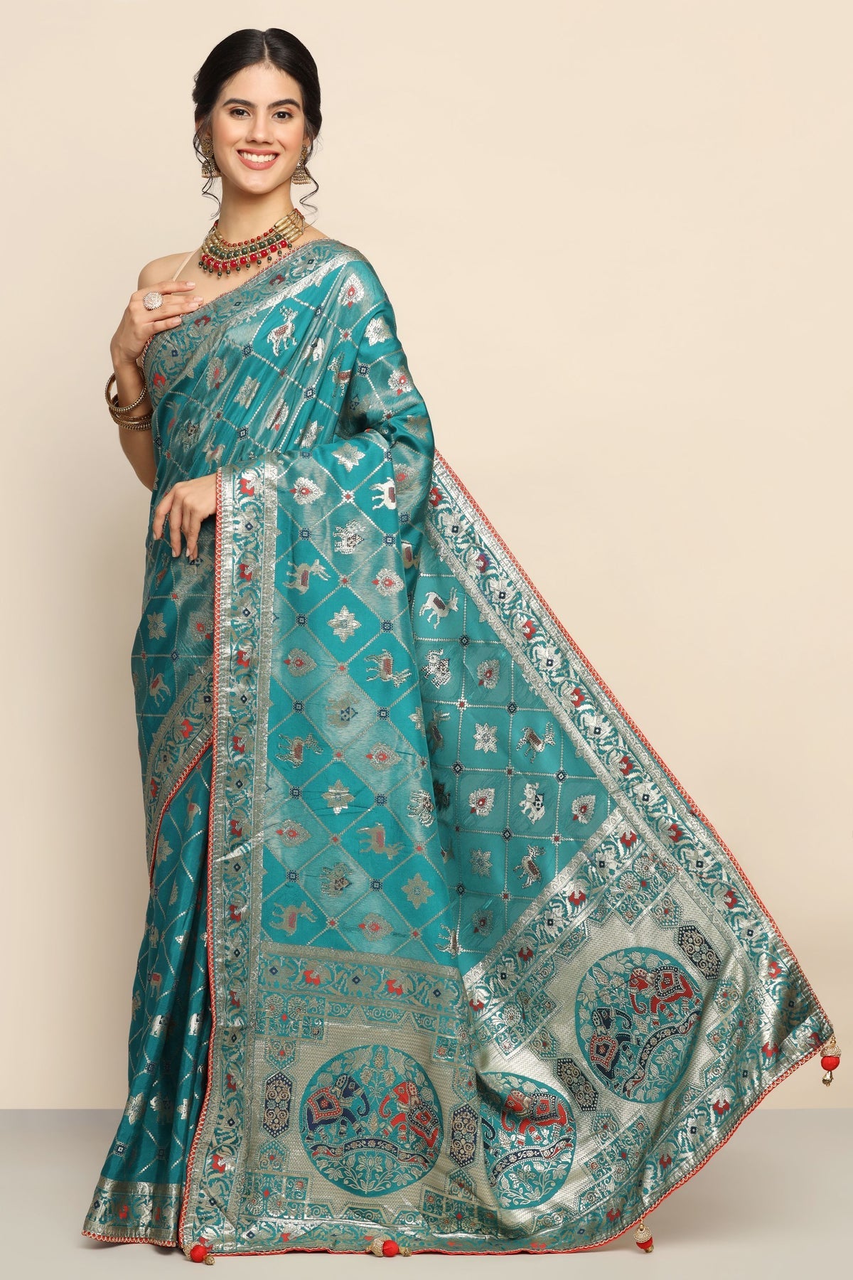 Exquisite Mosaic Blue Saree with Geometric & Elephant Motif, Sequins, and Zari Embroidery