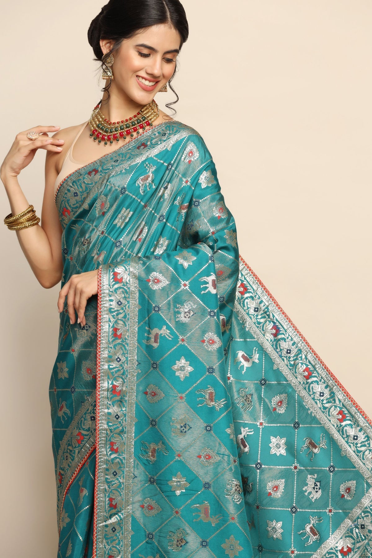 Exquisite Mosaic Blue Saree with Geometric & Elephant Motif, Sequins, and Zari Embroidery
