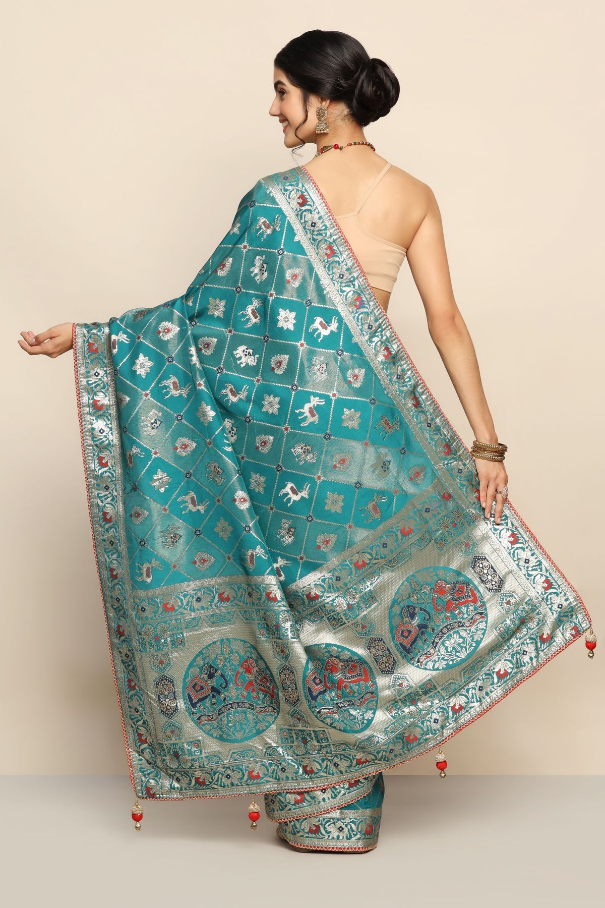 Exquisite Mosaic Blue Saree with Geometric & Elephant Motif, Sequins, and Zari Embroidery