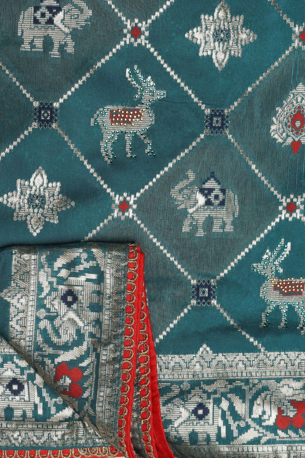 Exquisite Mosaic Blue Saree with Geometric & Elephant Motif, Sequins, and Zari Embroidery