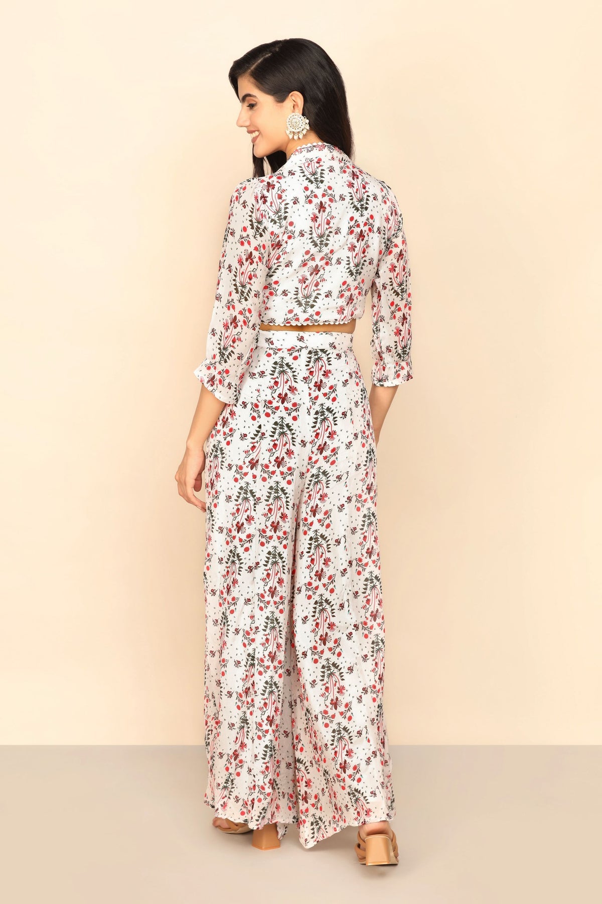 Blossom in Style with our White Floral Print Cotton Crop Top and Palazzo Set