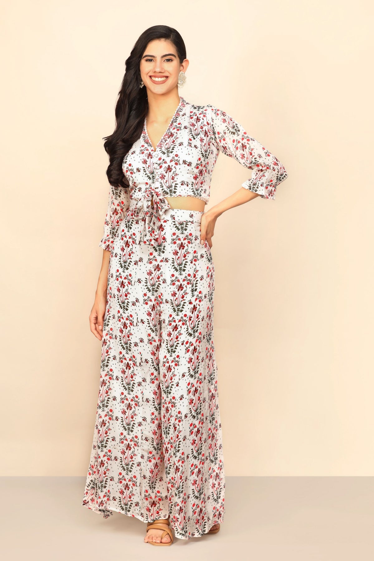 Blossom in Style with our White Floral Print Cotton Crop Top and Palazzo Set