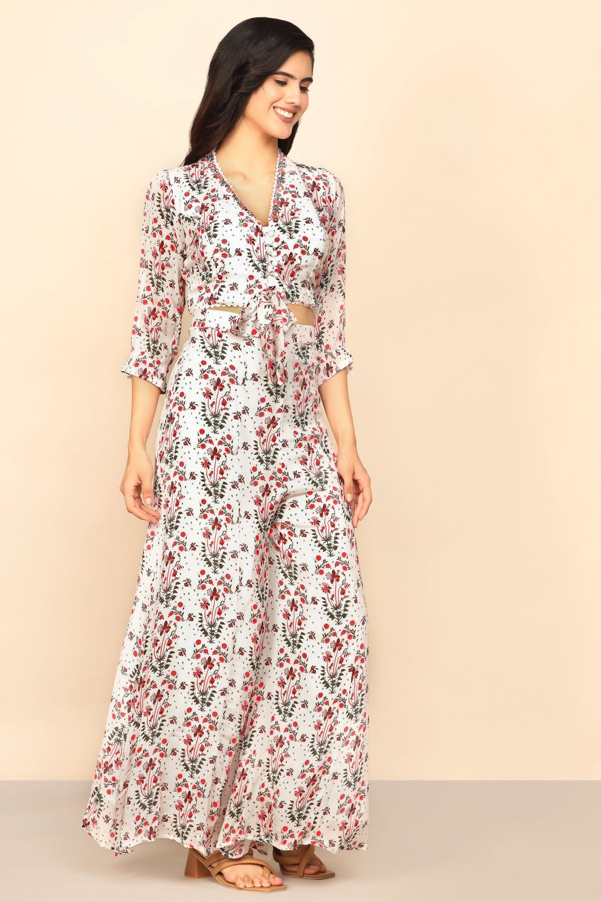Blossom in Style with our White Floral Print Cotton Crop Top and Palazzo Set
