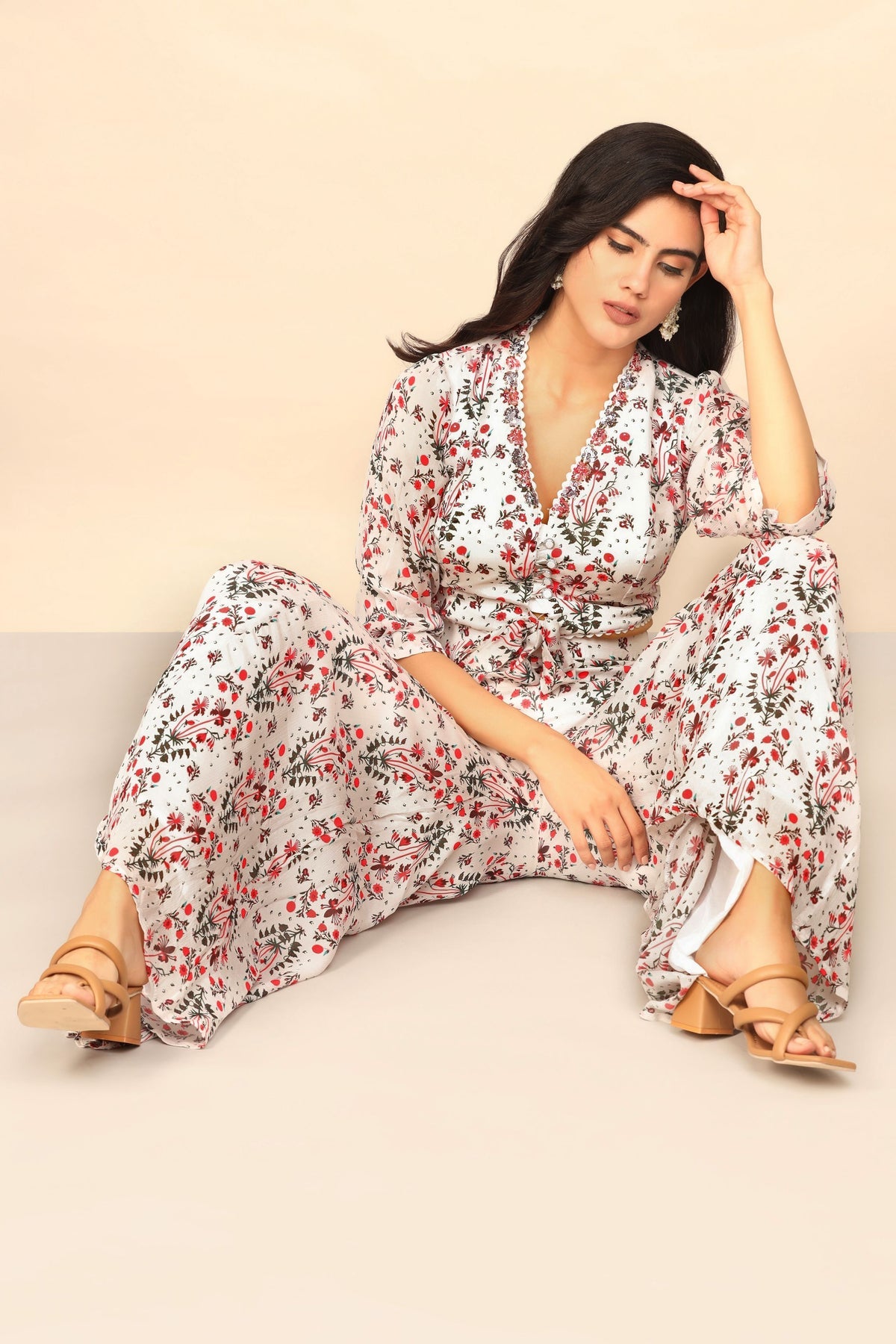 Blossom in Style with our White Floral Print Cotton Crop Top and Palazzo Set