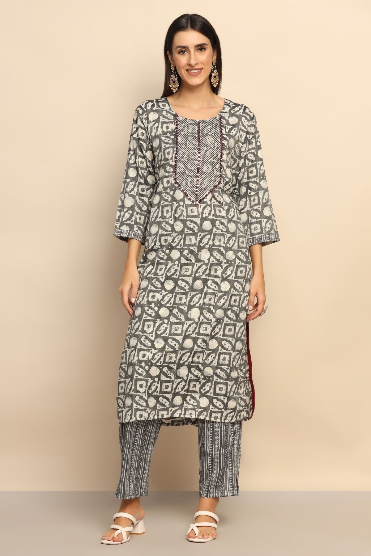 Elegant Black & White Cotton Blend Suit with Thread Work Mirror