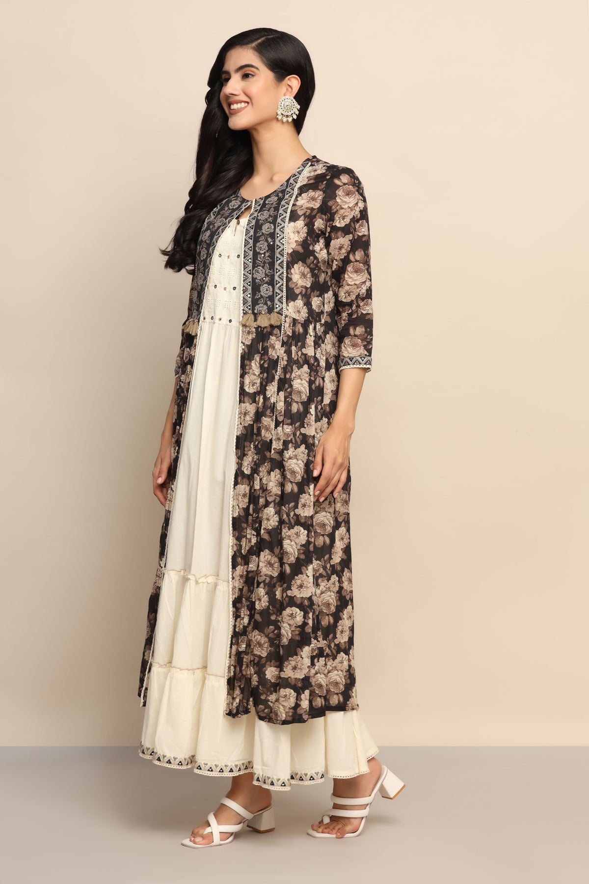 Radiant White Sequin Dress with Black Long Jacket