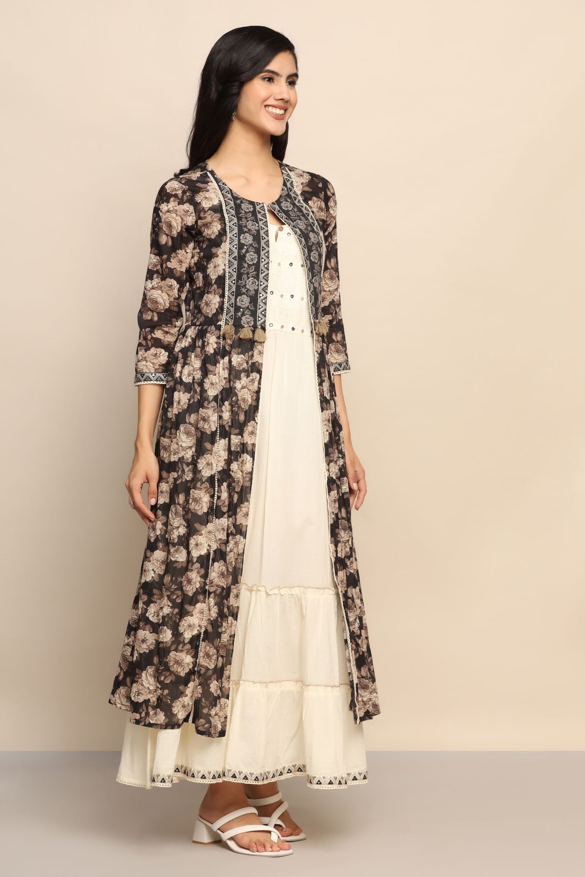 Radiant White Sequin Dress with Black Long Jacket