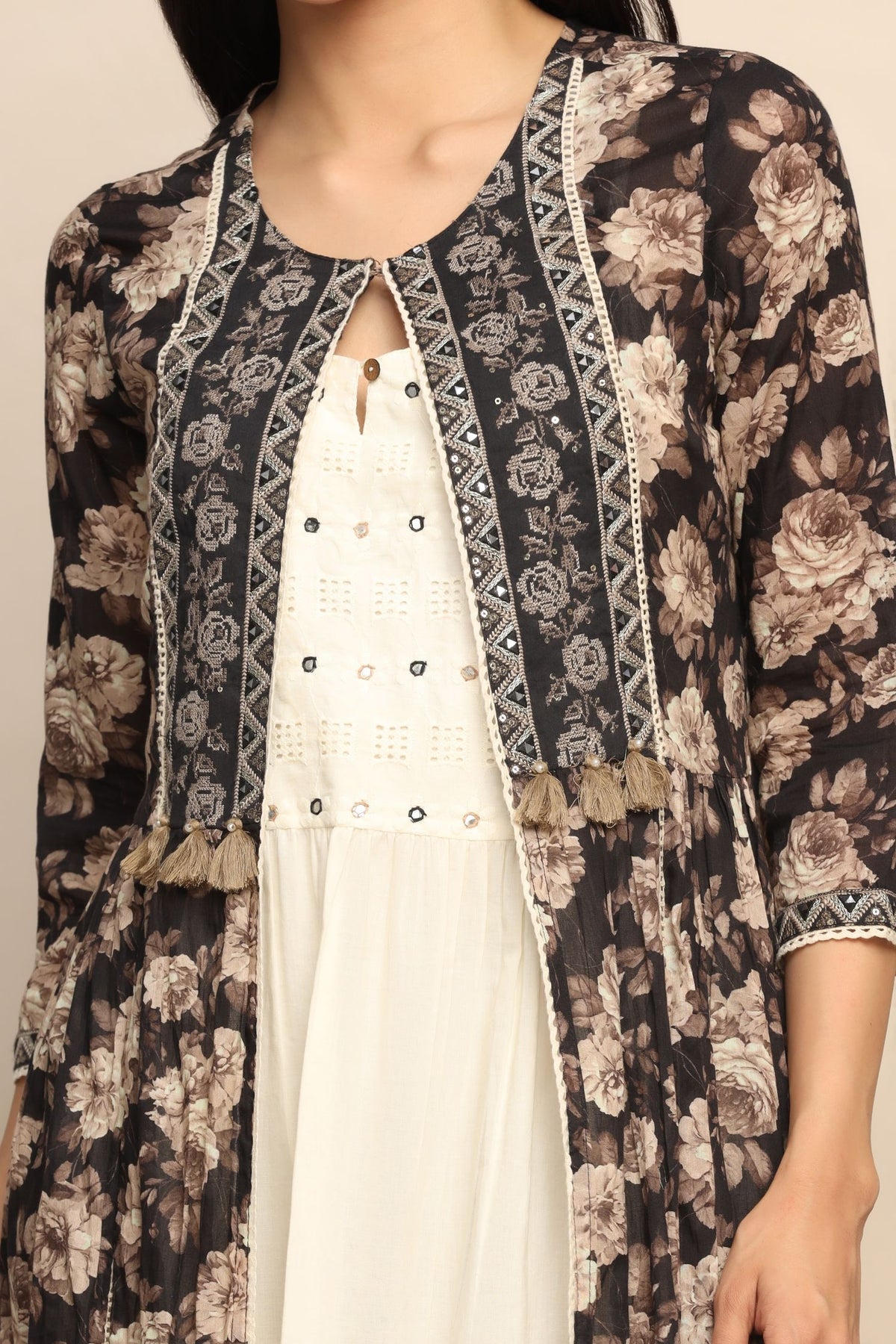 Radiant White Sequin Dress with Black Long Jacket