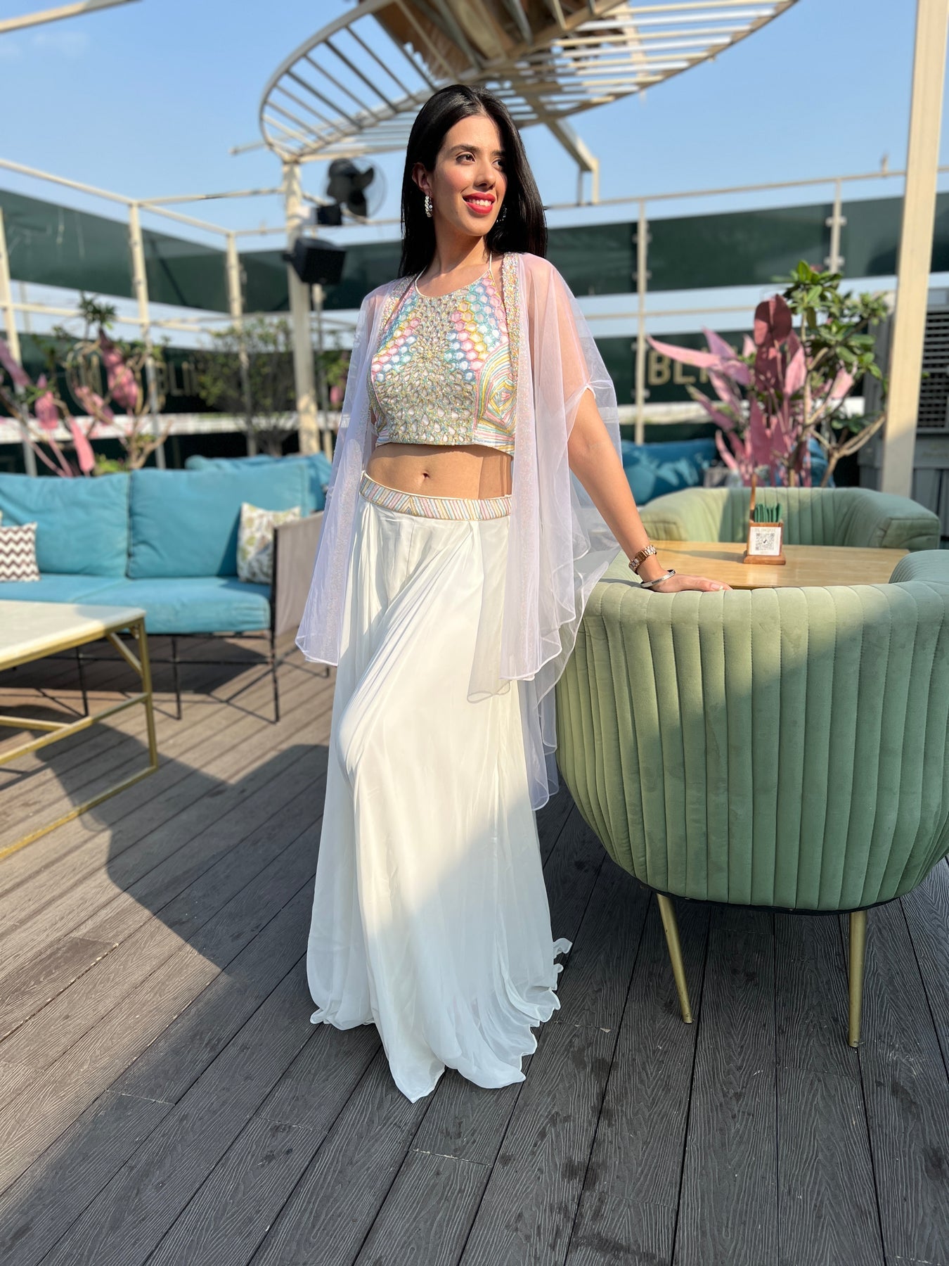 Glamorous White Co-ord Set with Sequins and Heavy Blouse