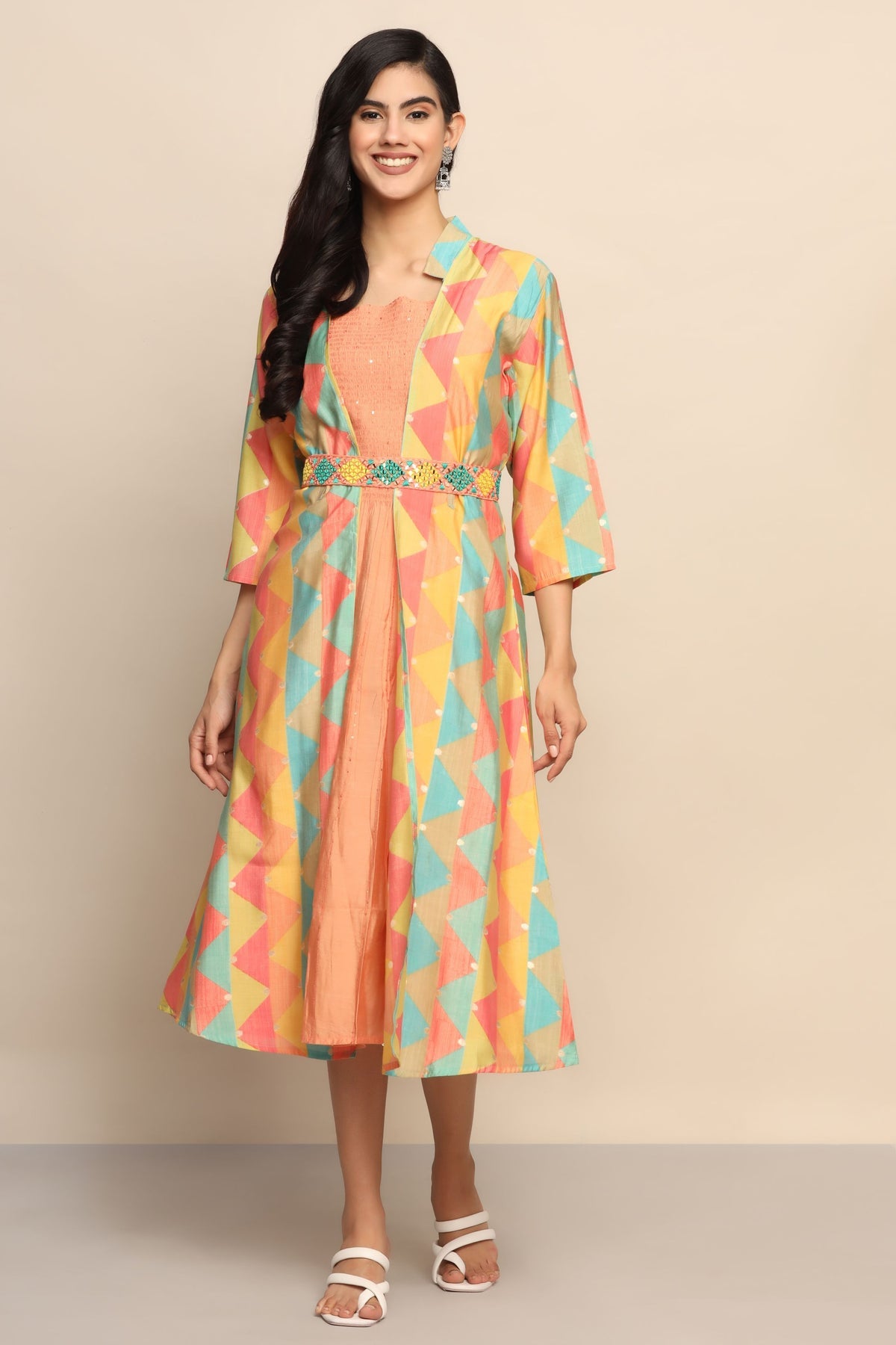 Vibrant Orange Color Jacket with Multi-color Design | Cotton Blend