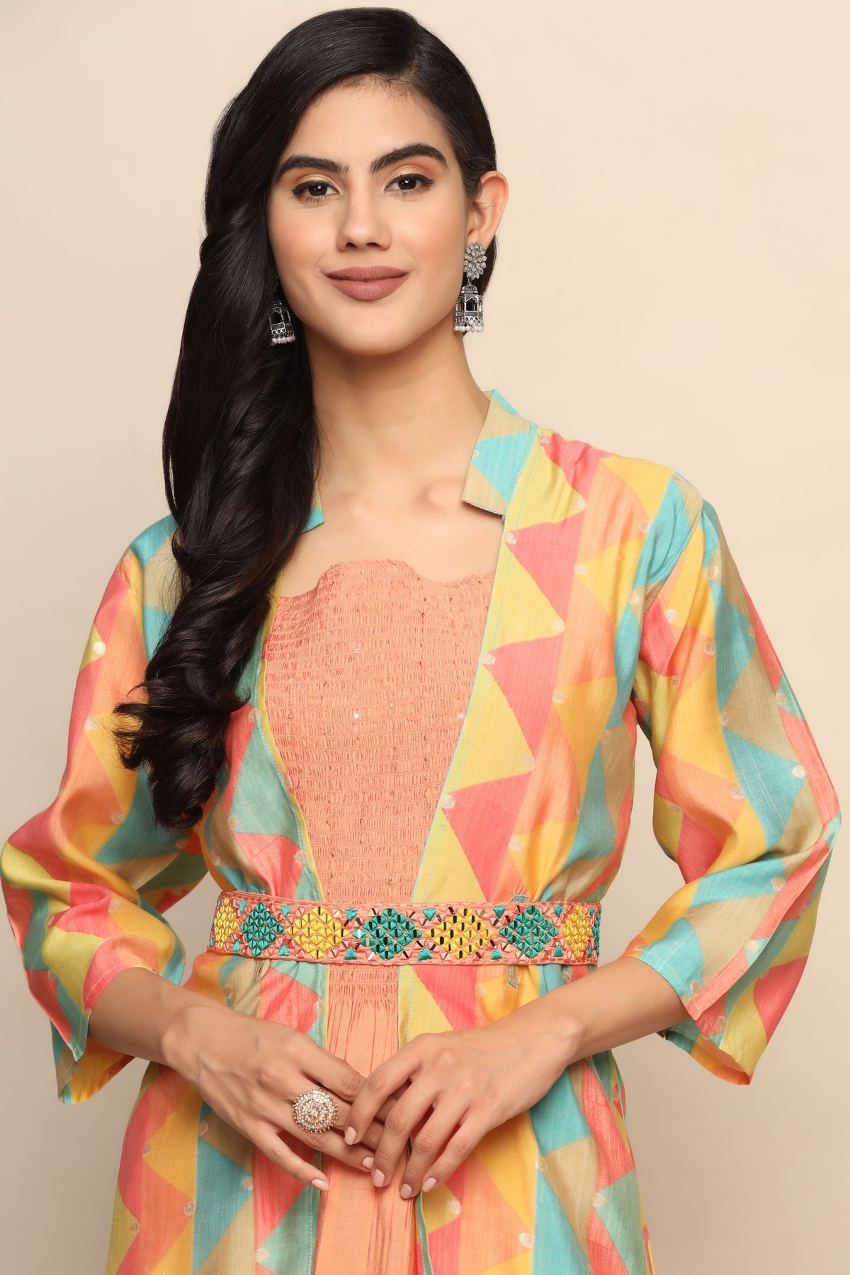 Vibrant Orange Color Jacket with Multi-color Design | Cotton Blend