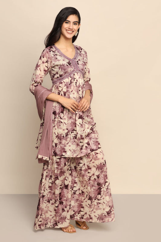 Radiant Purple Floral Print Palazzo and Top Set with Thread Work and Mirror Embellishments