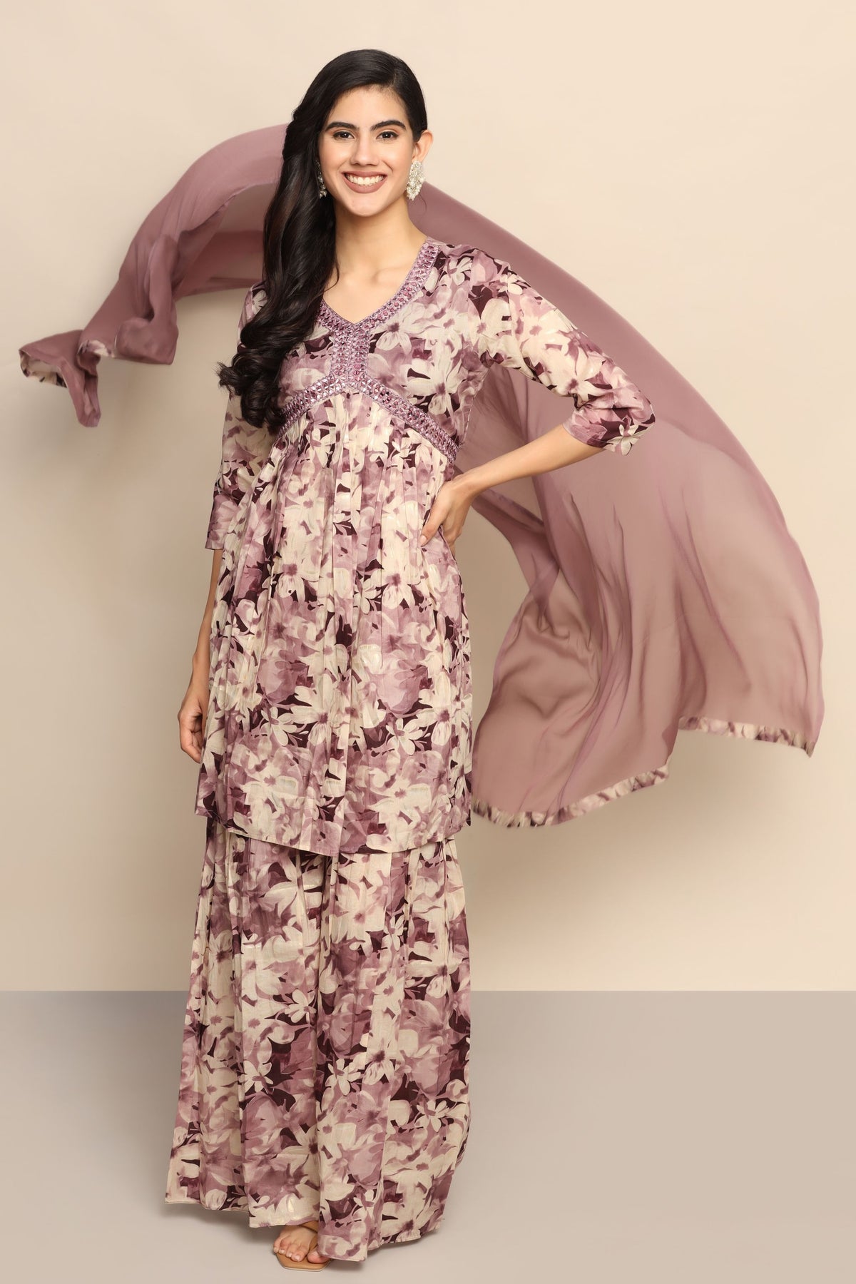 Radiant Purple Floral Print Palazzo and Top Set with Thread Work and Mirror Embellishments