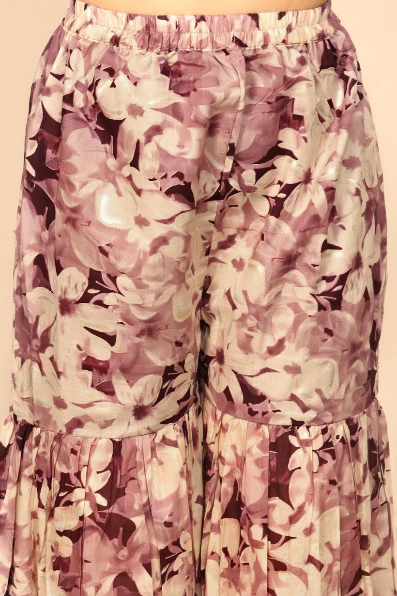 Radiant Purple Floral Print Palazzo and Top Set with Thread Work and Mirror Embellishments