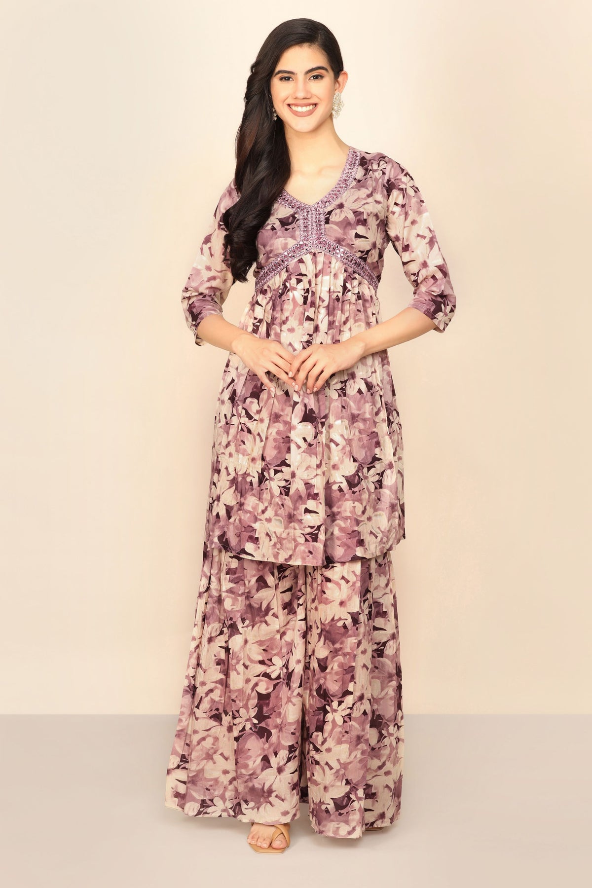 Radiant Purple Floral Print Palazzo and Top Set with Thread Work and Mirror Embellishments