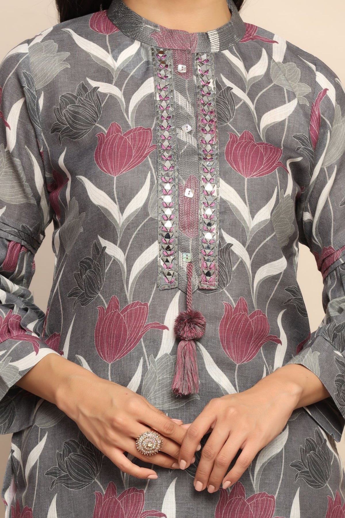 Fashionably Grey: Thread Work Co-ord Set with Mirror Detailing