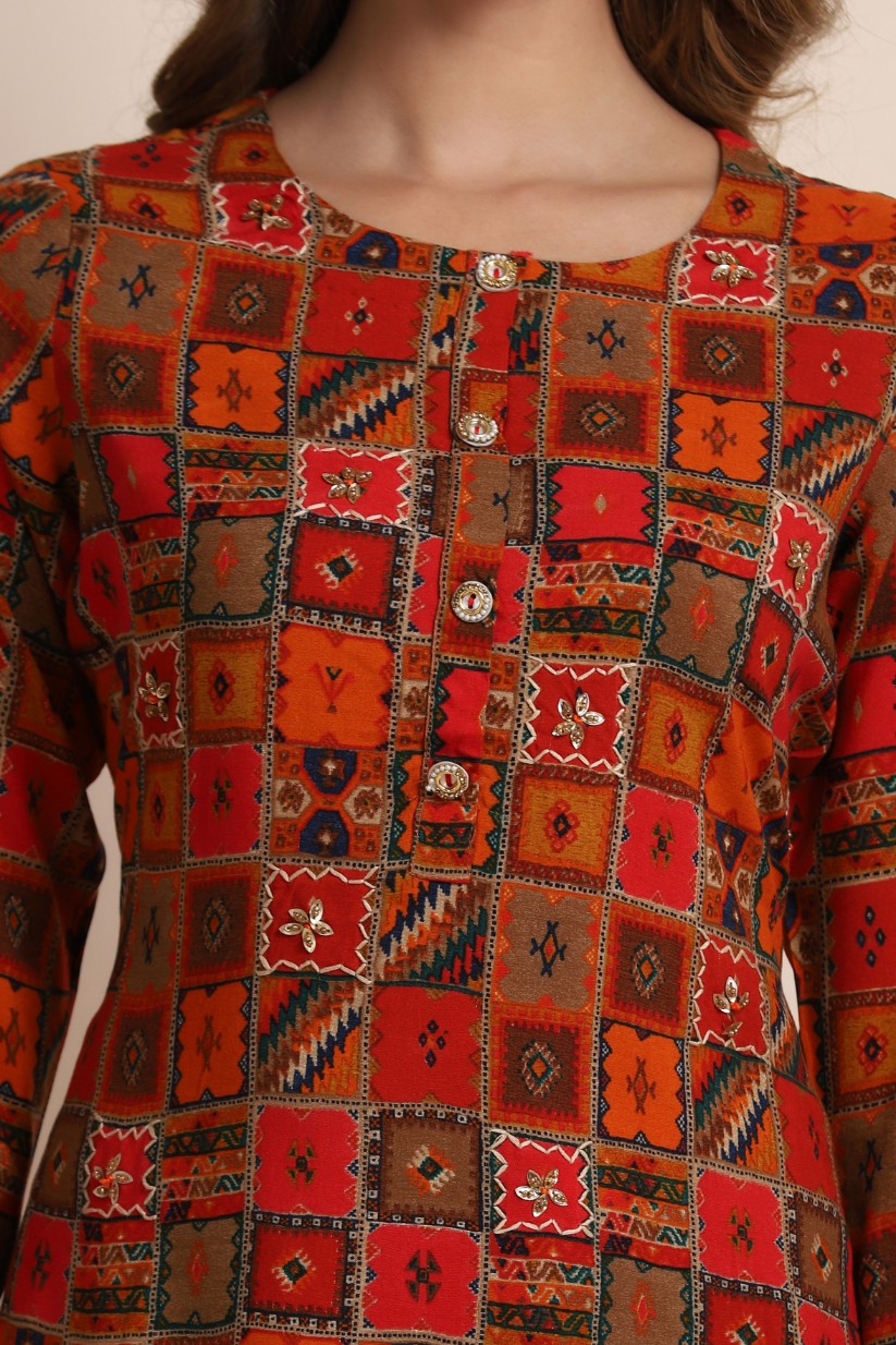 Red Printed Kurti With Flared Pants | Silk And Gleam