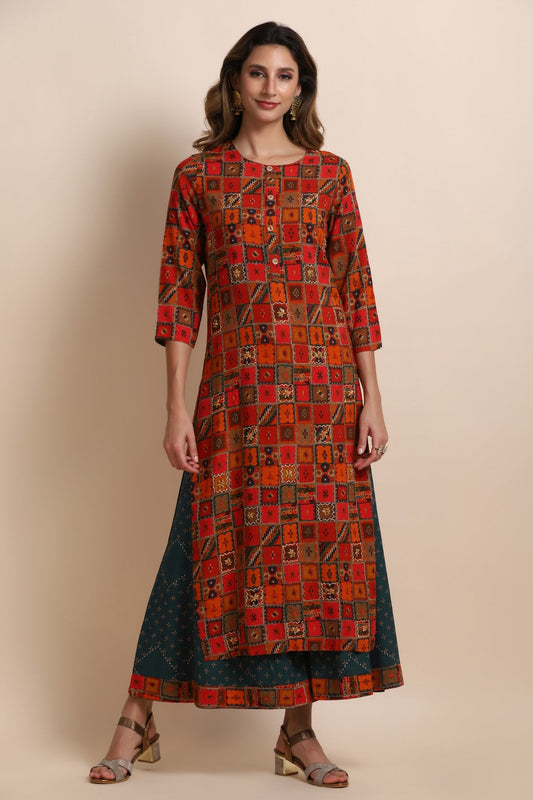 Red Printed Kurti With Flared Pants | Silk And Gleam