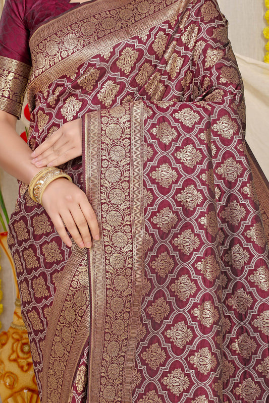Magnetic Wine Kanjivaram Silk With Dissemble Blouse Piece