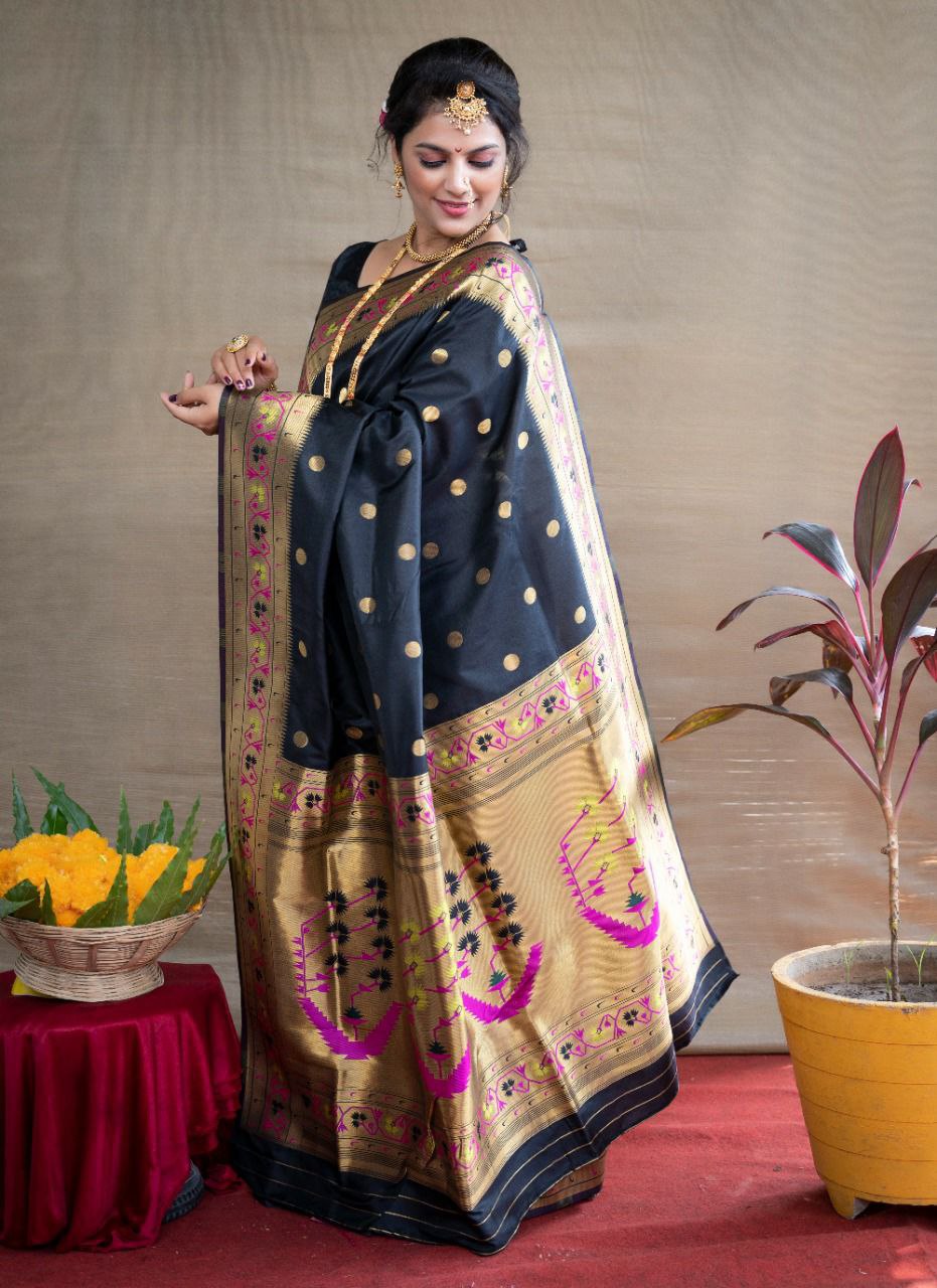 Unique Black Paithani Silk Saree With Ethnic Blouse Piece