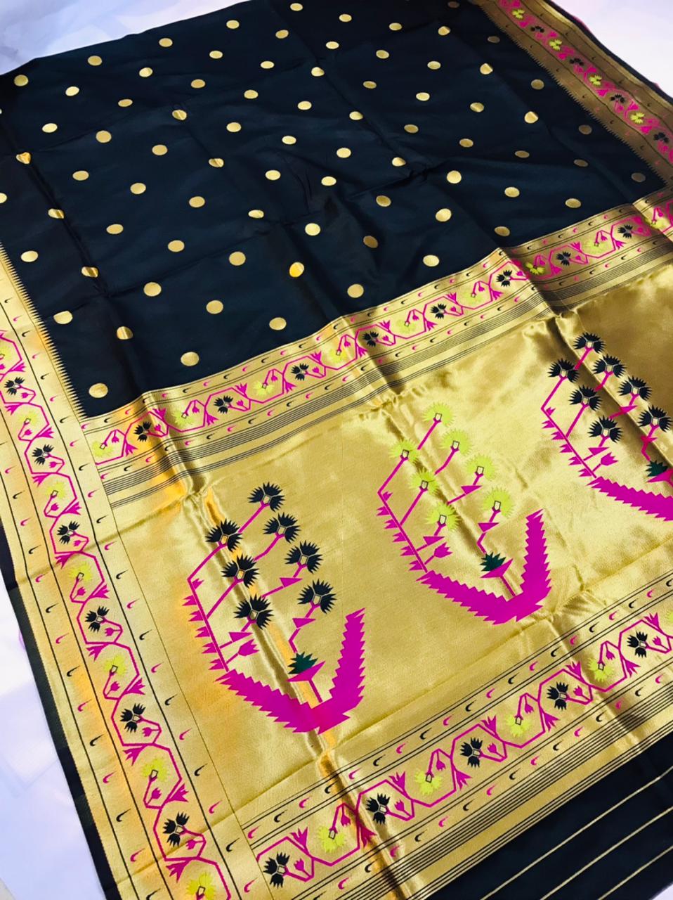 Unique Black Paithani Silk Saree With Ethnic Blouse Piece