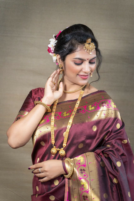 Skinny Brown Paithani Silk Saree With Ethnic Blouse Piece