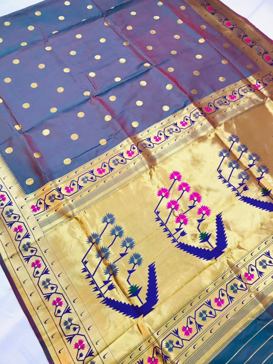 Capricious Grey Paithani Silk Saree With Ethnic Blouse Piece