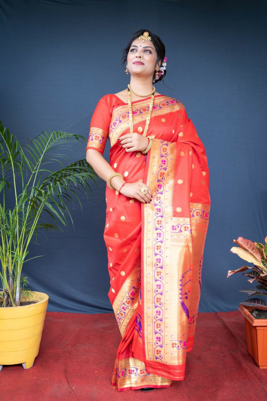 Stylish Red Paithani Silk Saree With Ethnic Blouse Piece
