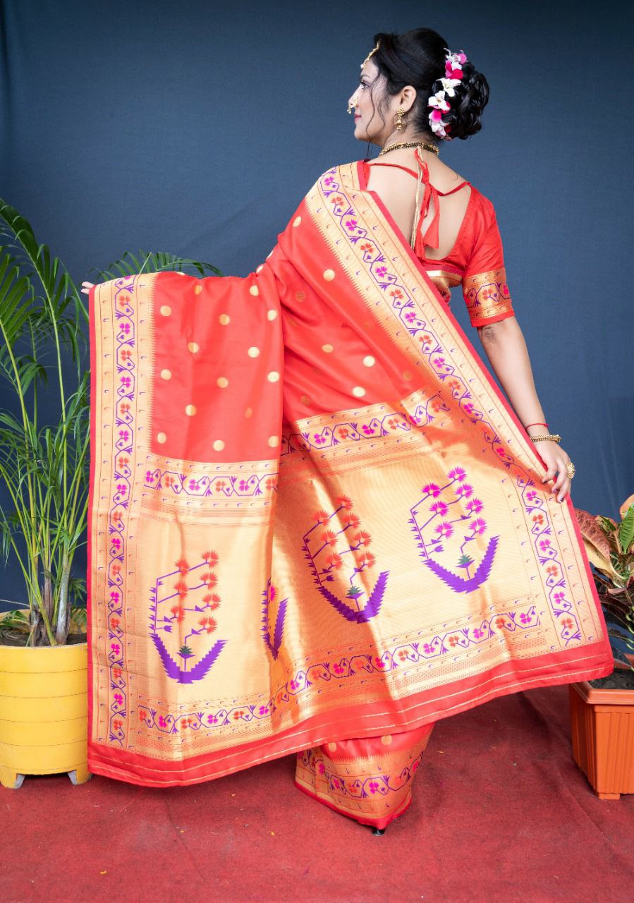Stylish Red Paithani Silk Saree With Ethnic Blouse Piece