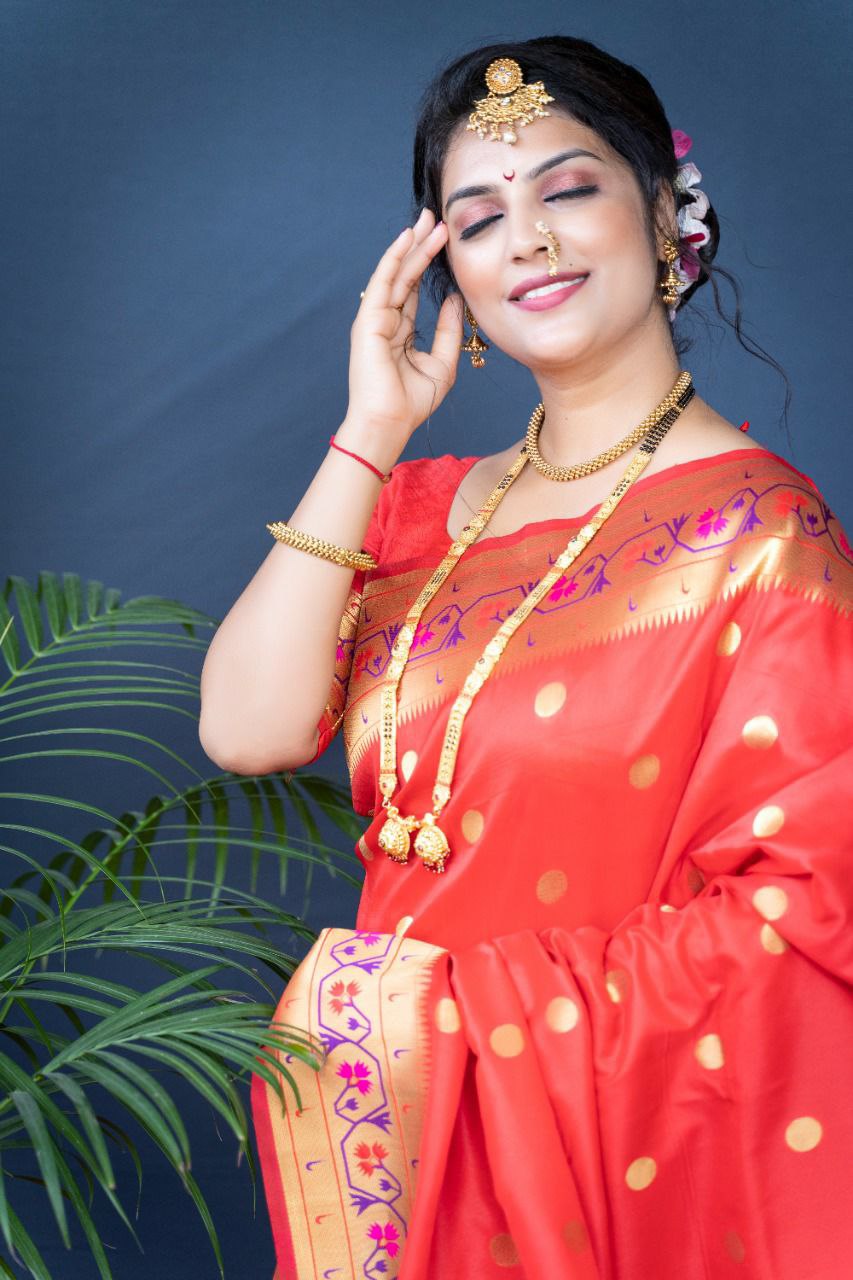 Stylish Red Paithani Silk Saree With Ethnic Blouse Piece