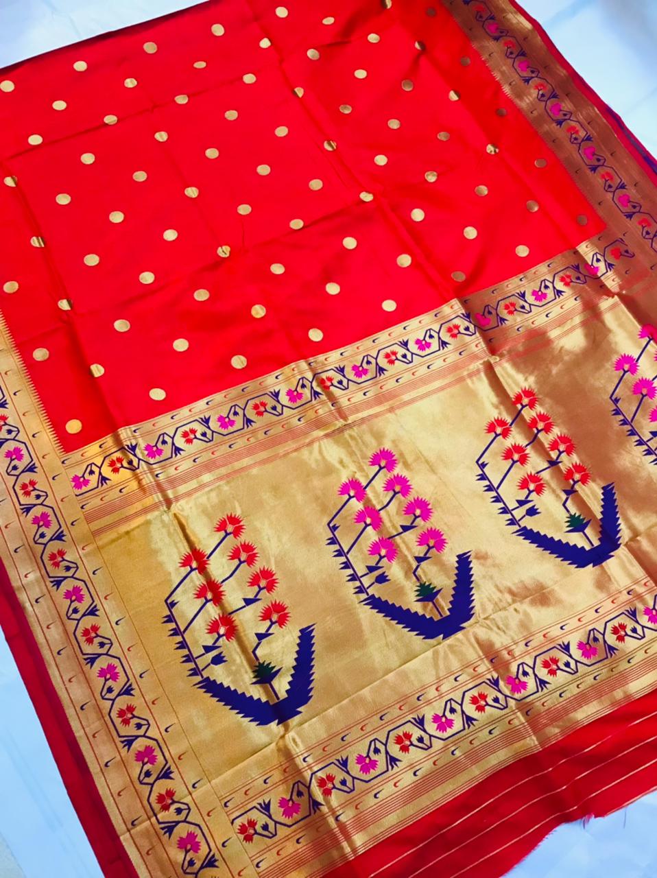 Stylish Red Paithani Silk Saree With Ethnic Blouse Piece