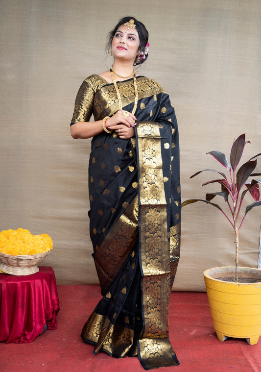 Delightful Black Banarasi Silk Saree With Assemblage Blouse Piece