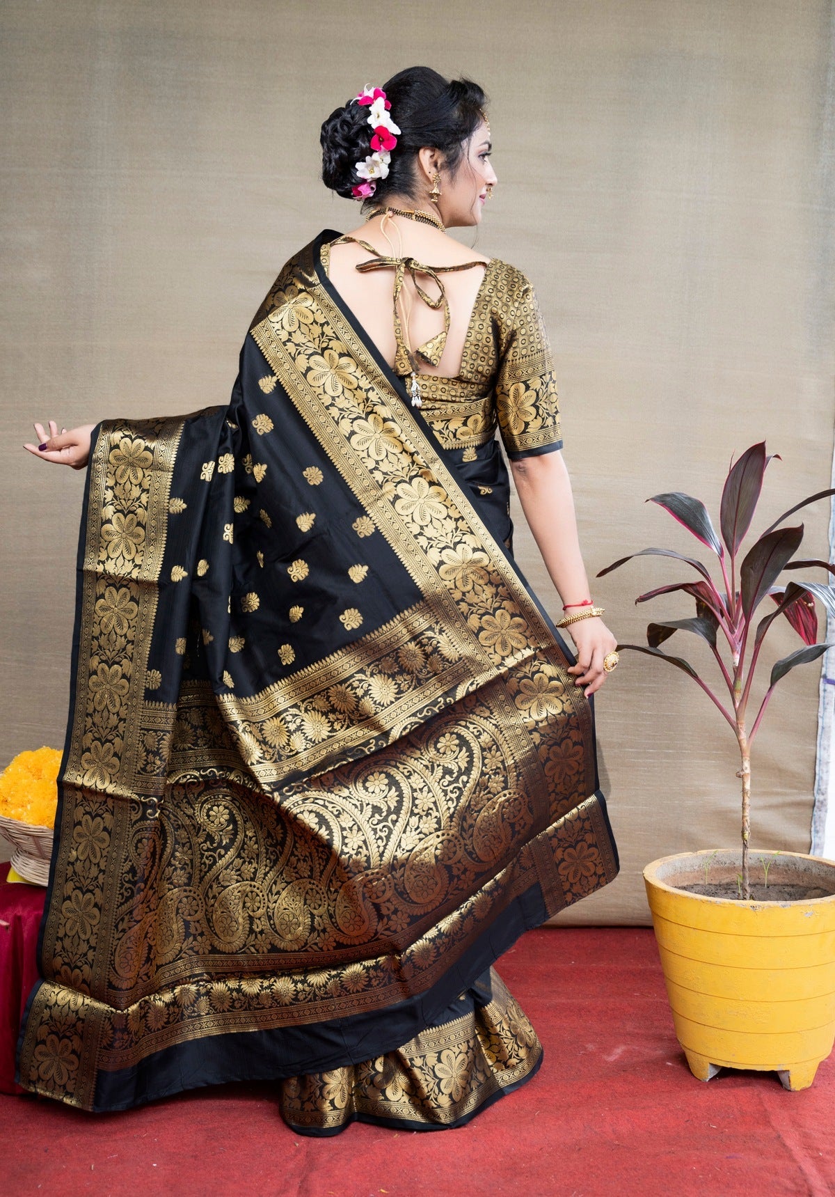 Delightful Black Banarasi Silk Saree With Assemblage Blouse Piece