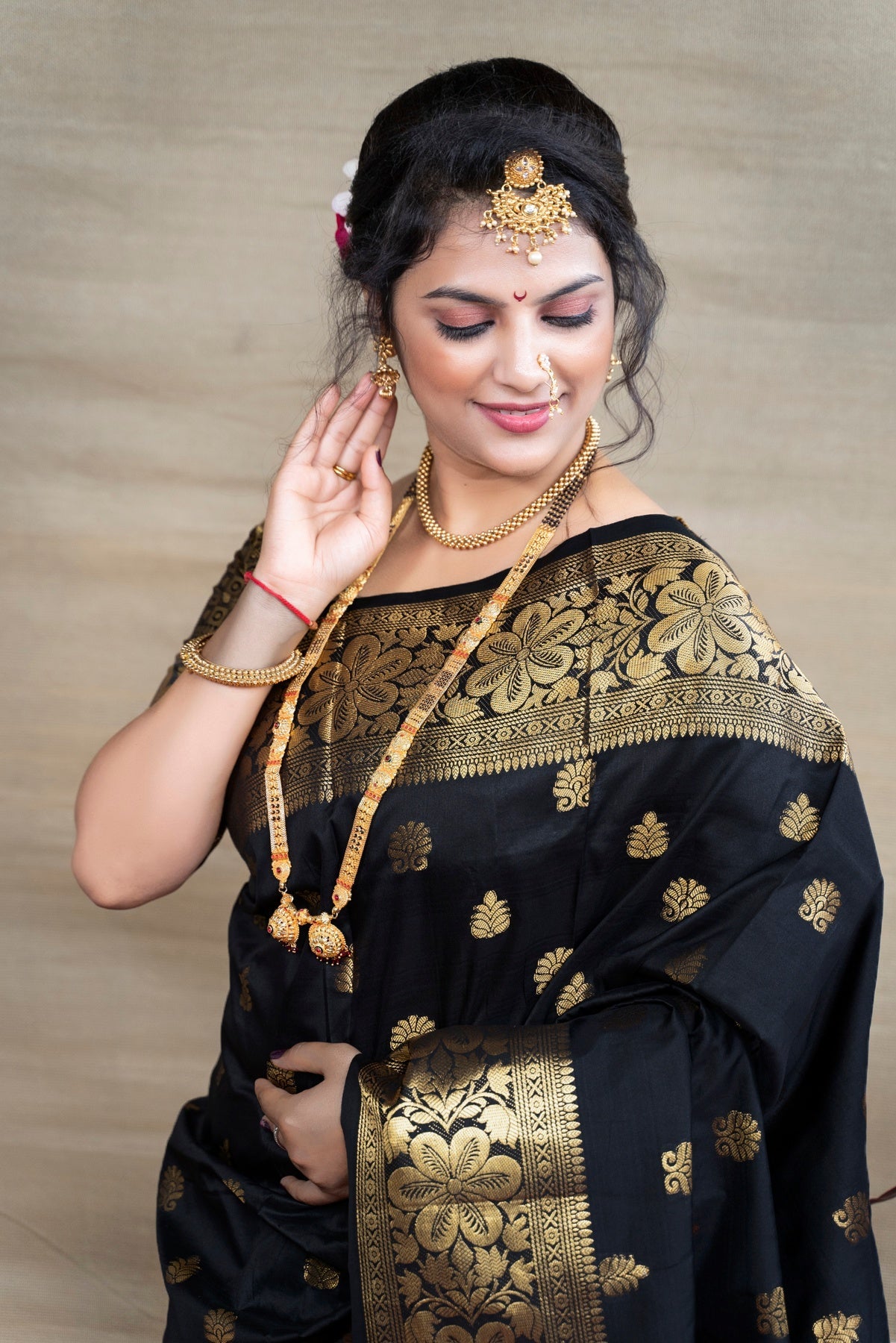 Delightful Black Banarasi Silk Saree With Assemblage Blouse Piece