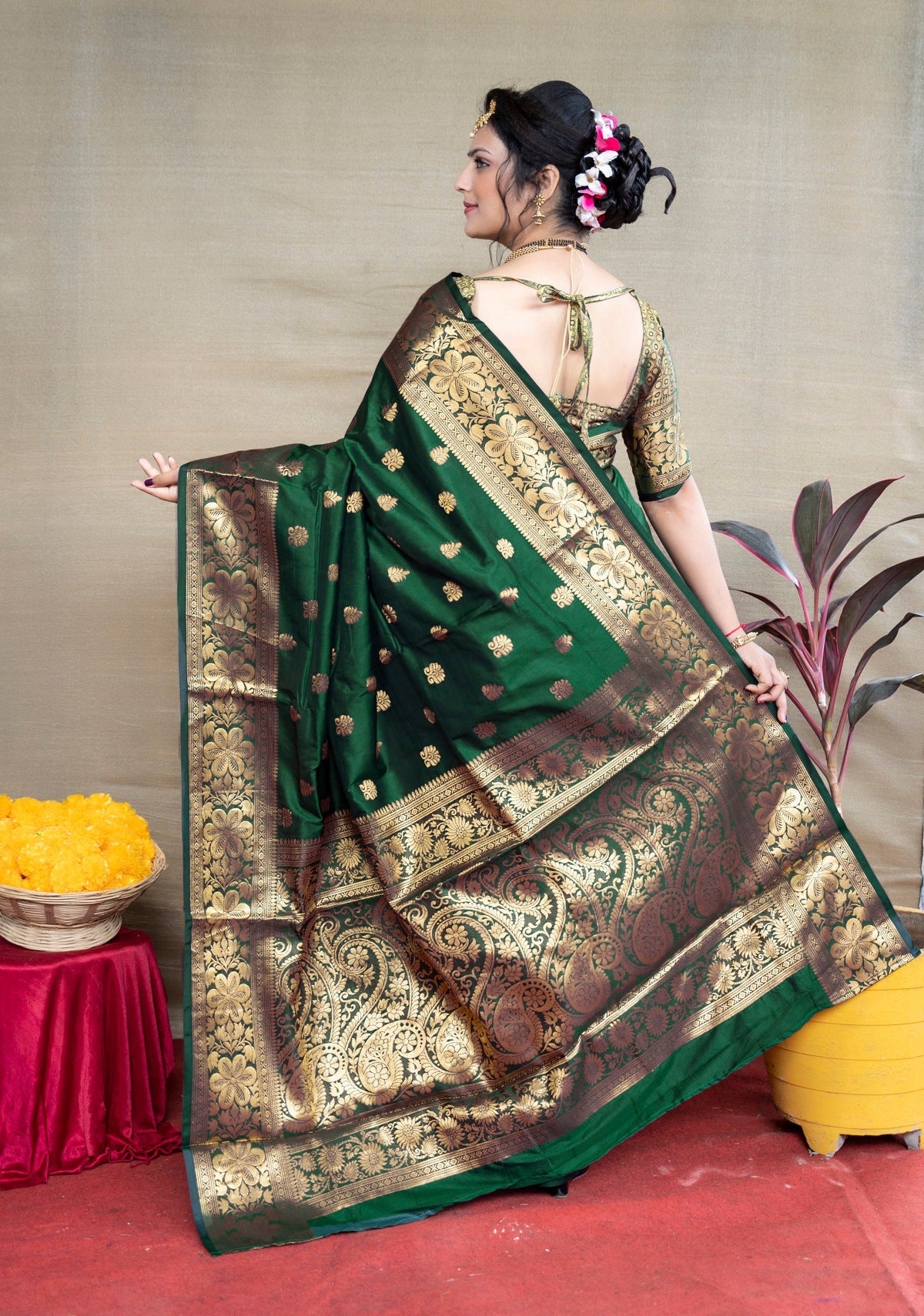 Prettiest Dark Green Banarasi Silk Saree With Assemblage Blouse Piece