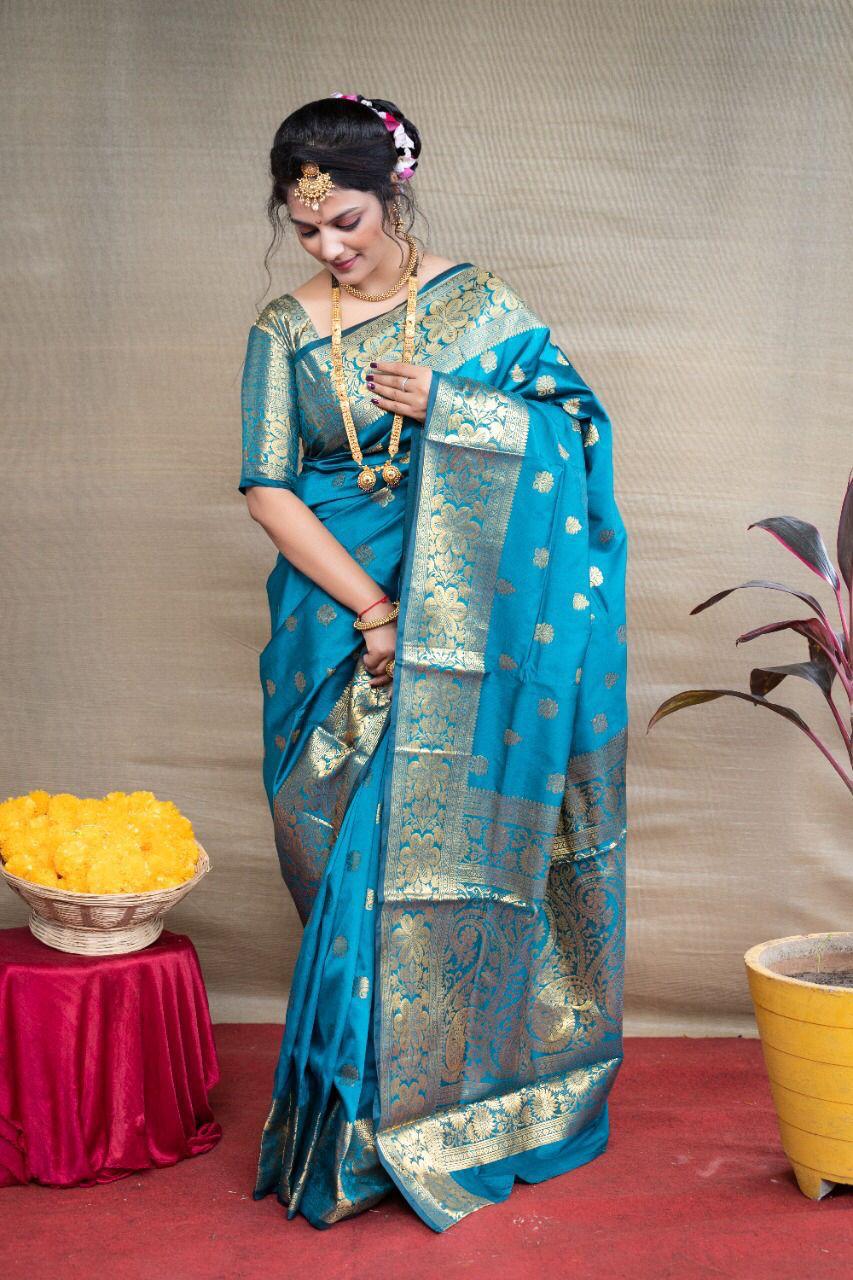 Glorious Firozi Banarasi Silk Saree With Assemblage Blouse Piece