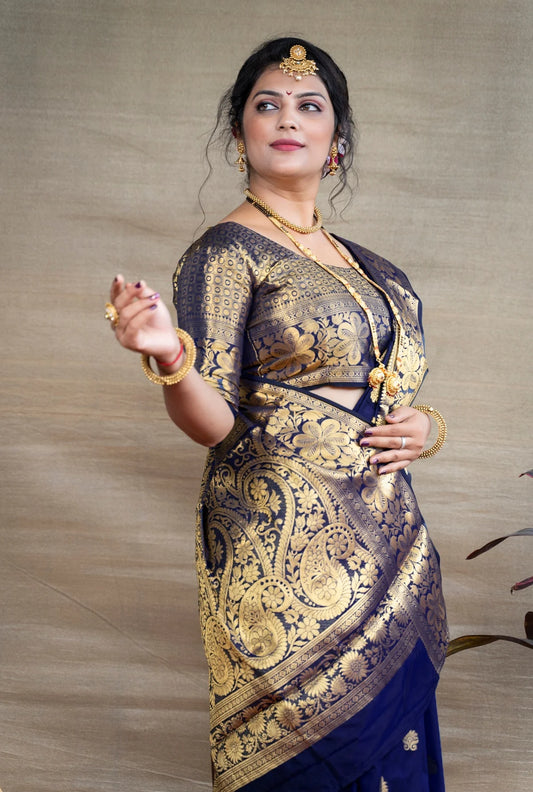 Pleasant Navy Blue Banarasi Silk Saree With Assemblage Blouse Piece